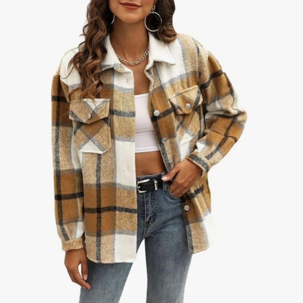 Amazon Brown, Cream, and Black Plaid Shacket Size Medium